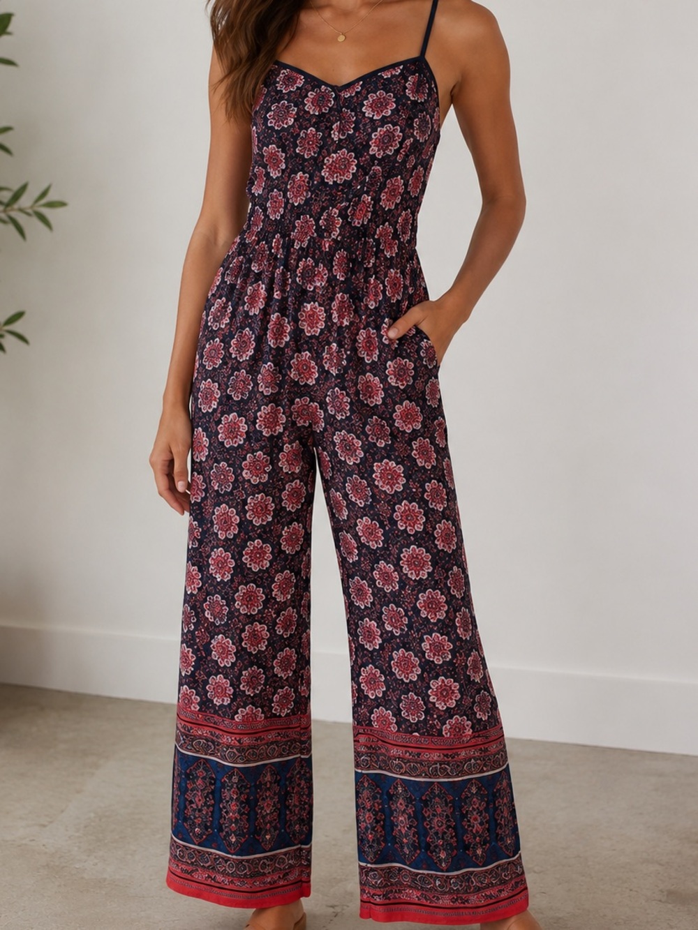 Band of Gypsies Navy and Burgundy Floral Smocked Long Romper Pockets Corset Top